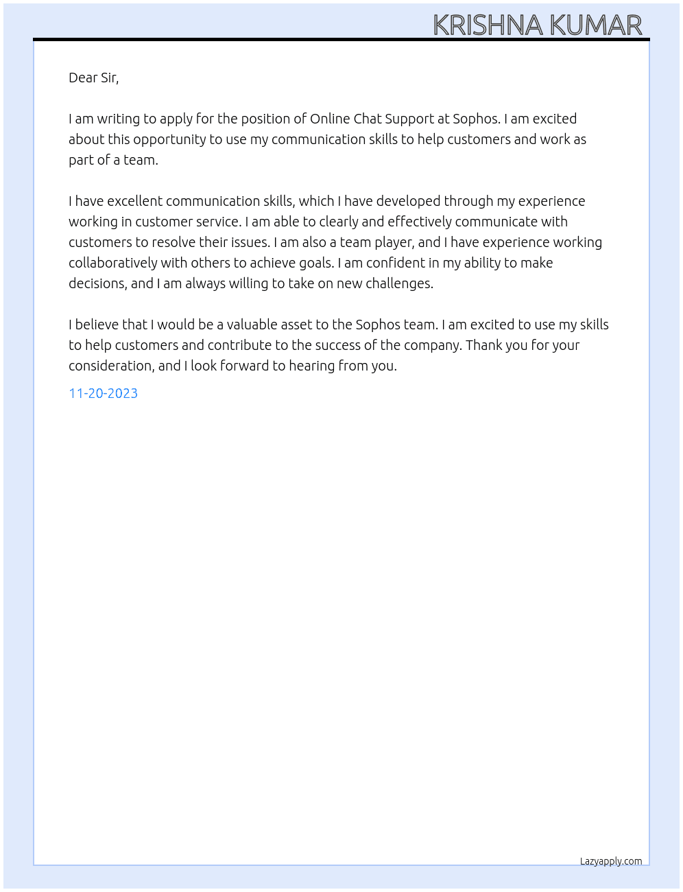 Online Chat Support  At SOPHOS  Cover Letter