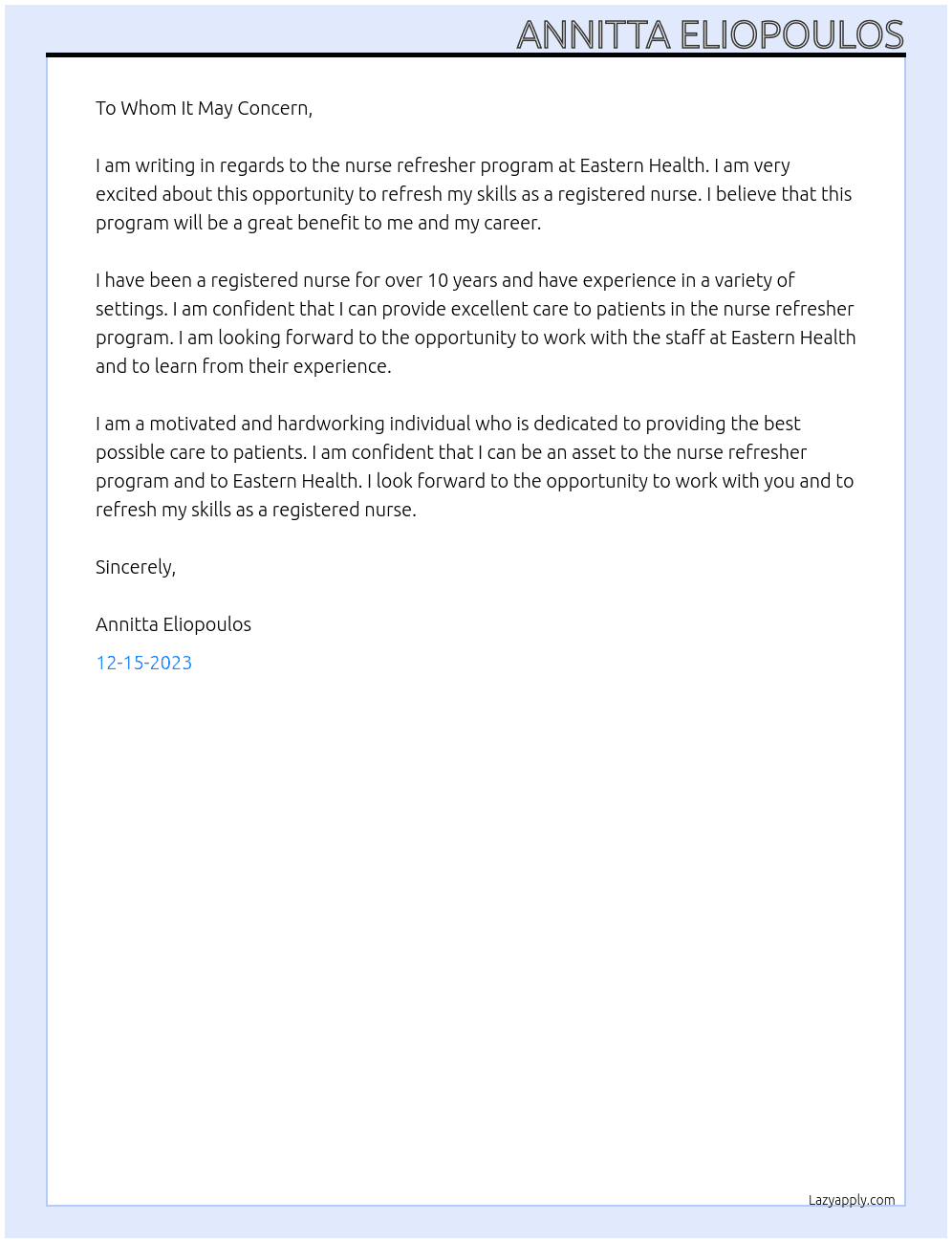 nurse Refresher Program At Eastern Health Cover Letter