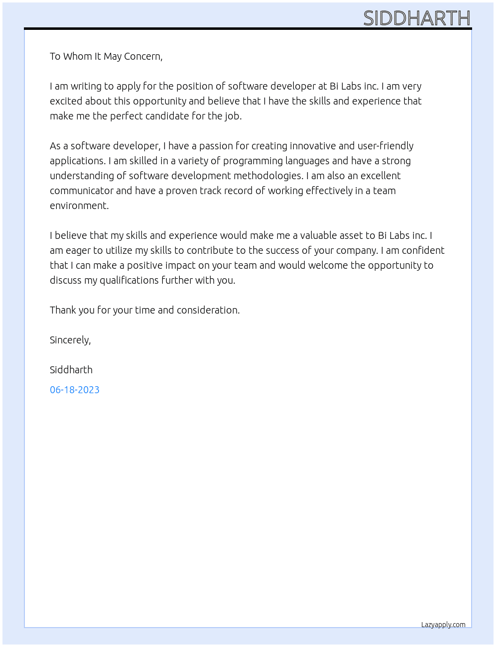 software developer At Bi Labs inc Cover Letter