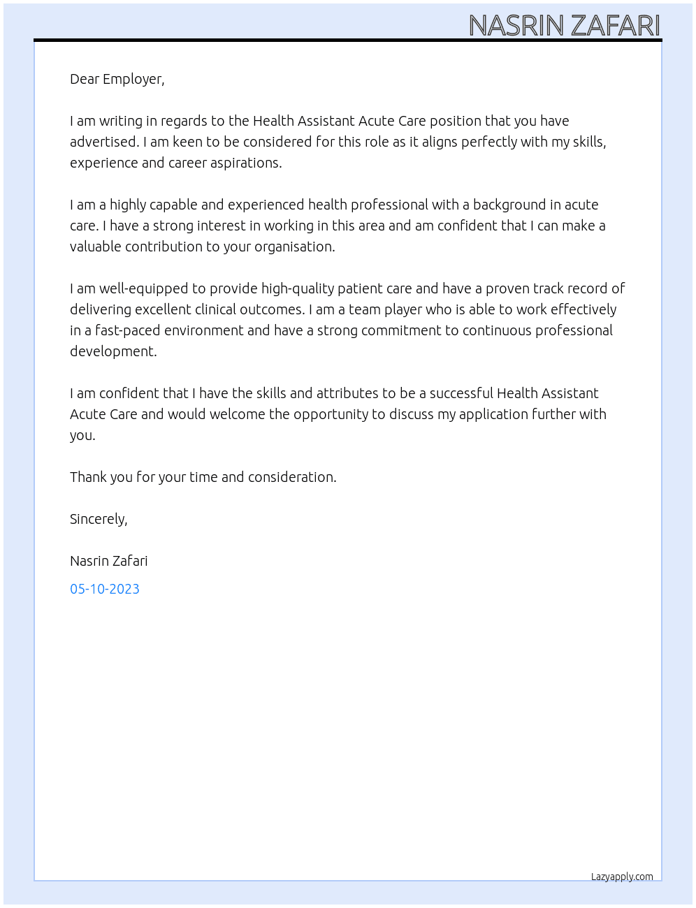 Health Assistant Acute Care At Aroha Cover Letter