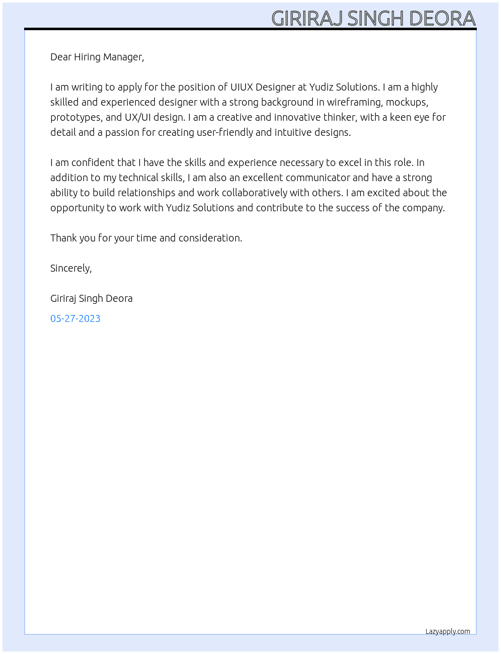 UIUX Designer  At Yudiz Solutions Cover Letter