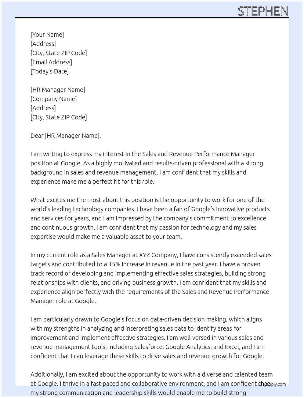 Sales and revenue performance manager At Google Cover Letter