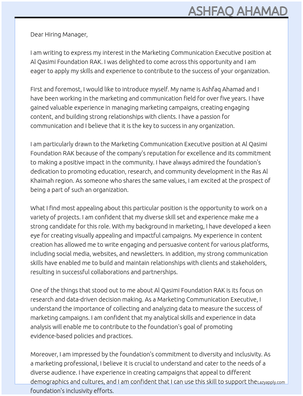 Marketing Communication Executive At Al Qasimi Foundation RAK Cover Letter