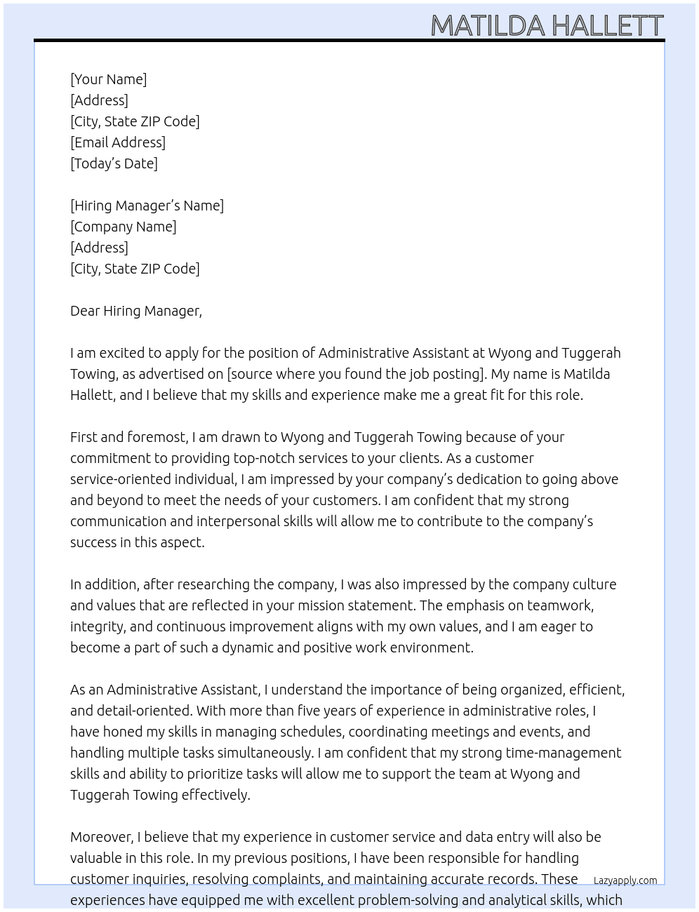 Administrative Assistant  At Wyong and Tuggerah Towing Cover Letter