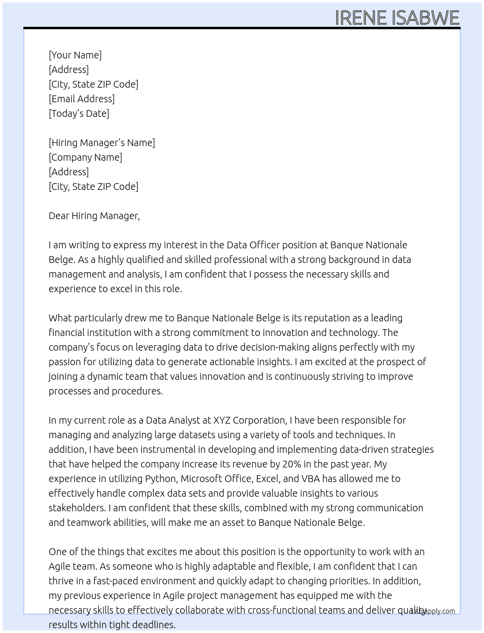 Data Officer At Banque Nationale Belge Cover Letter
