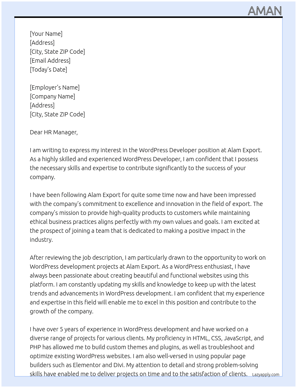 Wordpress Developer At Alam Export Cover Letter