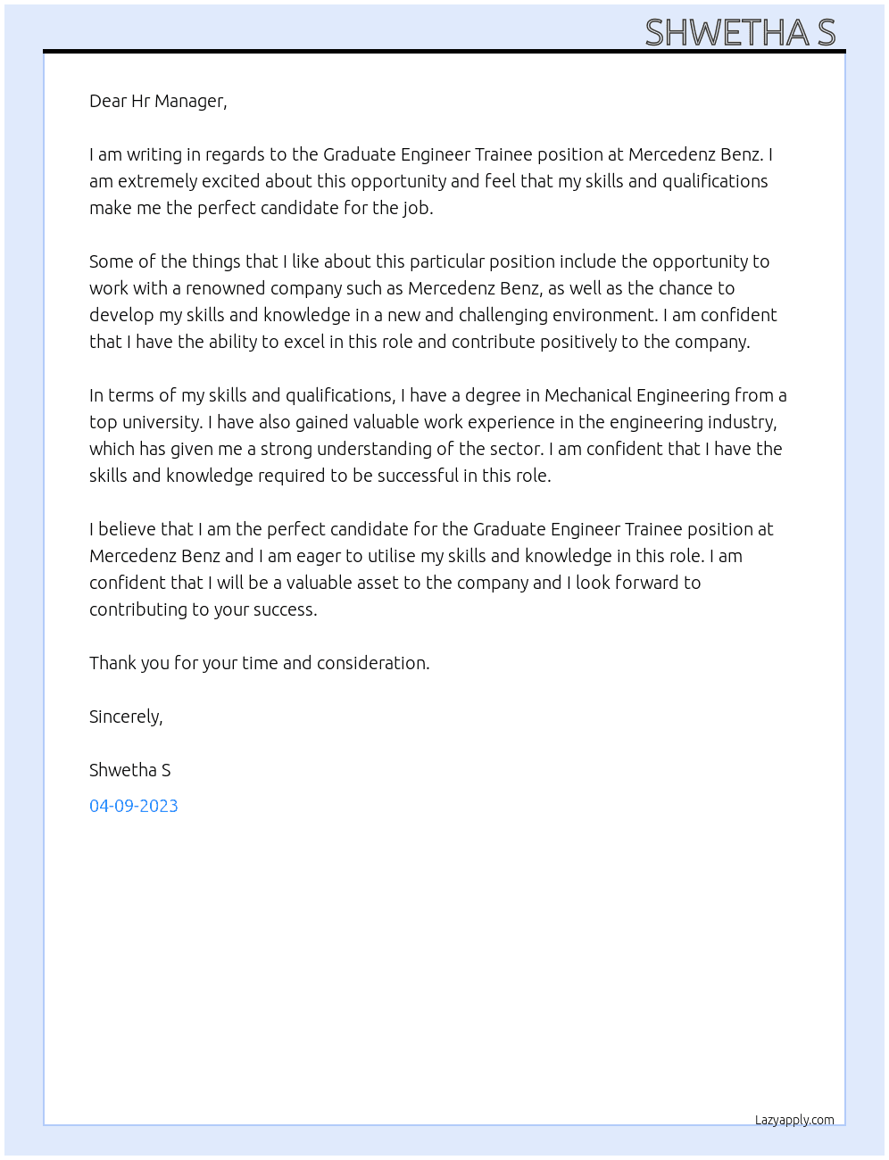 Graduate Engineer Trainee At Mercedenz Benz Cover Letter