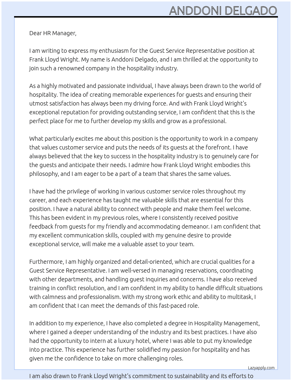 Guest Service Representative At Frank Lloyd Wright Cover Letter