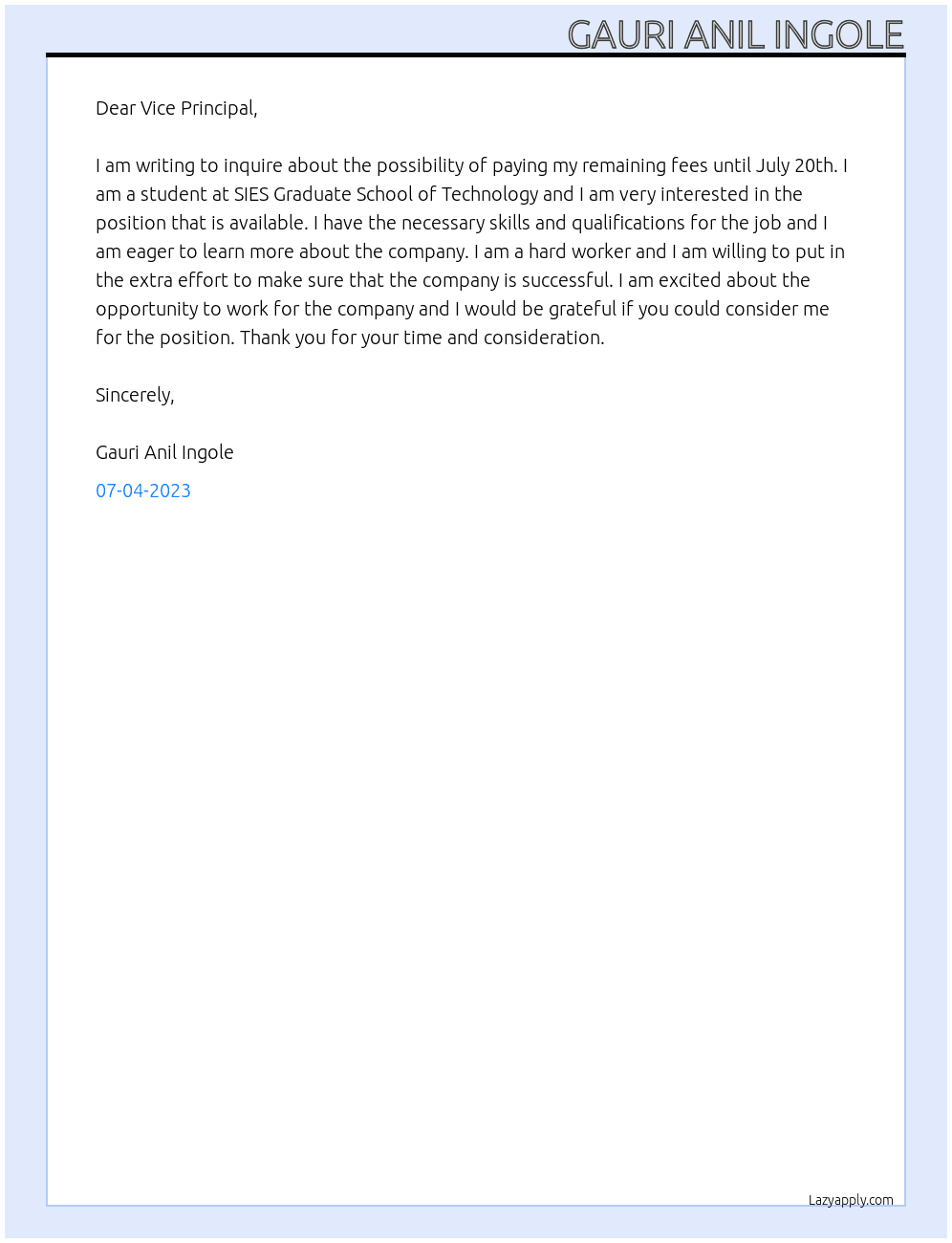 Student At SIES GRADUATE SCHOOL OF TECHNOLOGY  Cover Letter