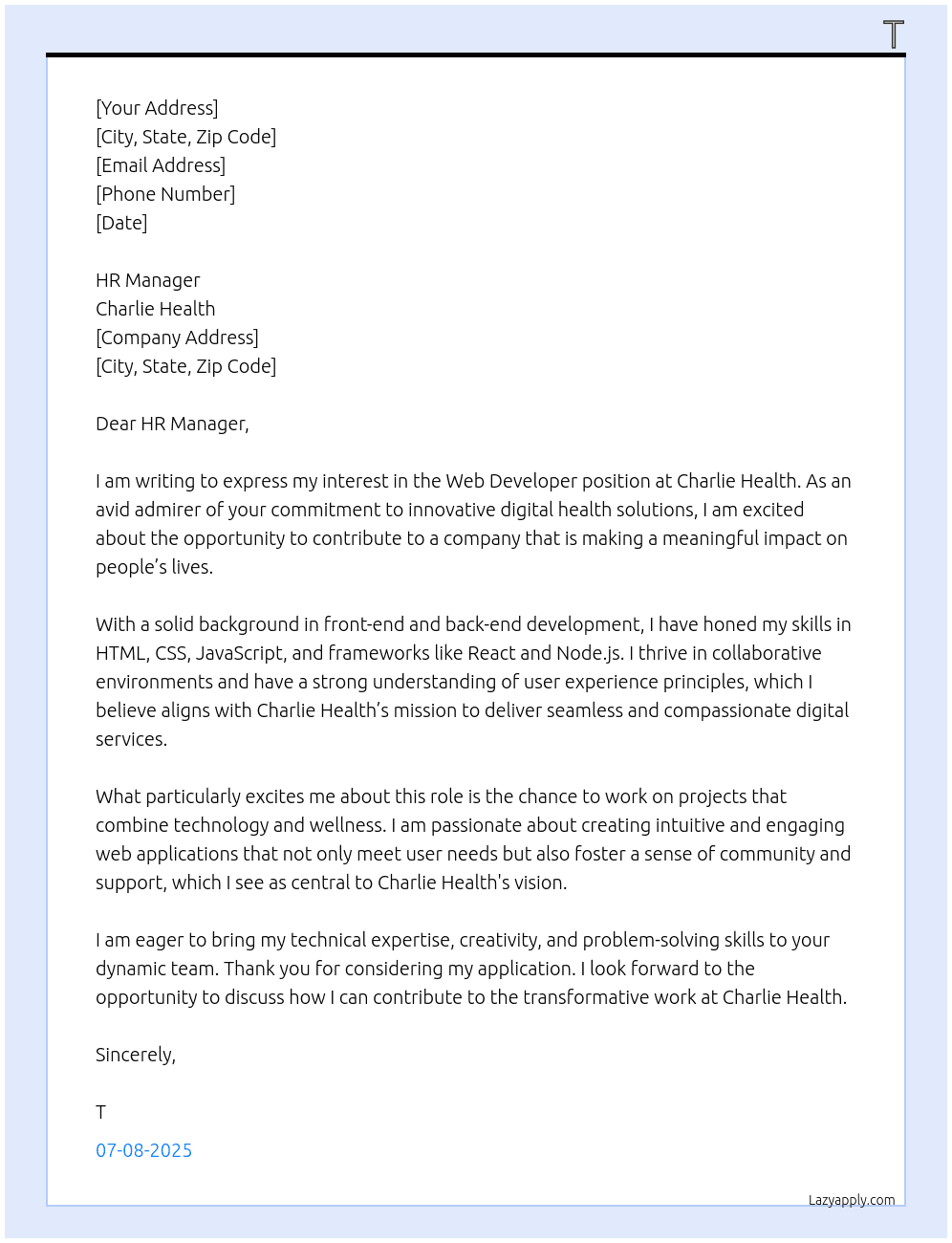 Web Developer At Charlie Health Cover Letter