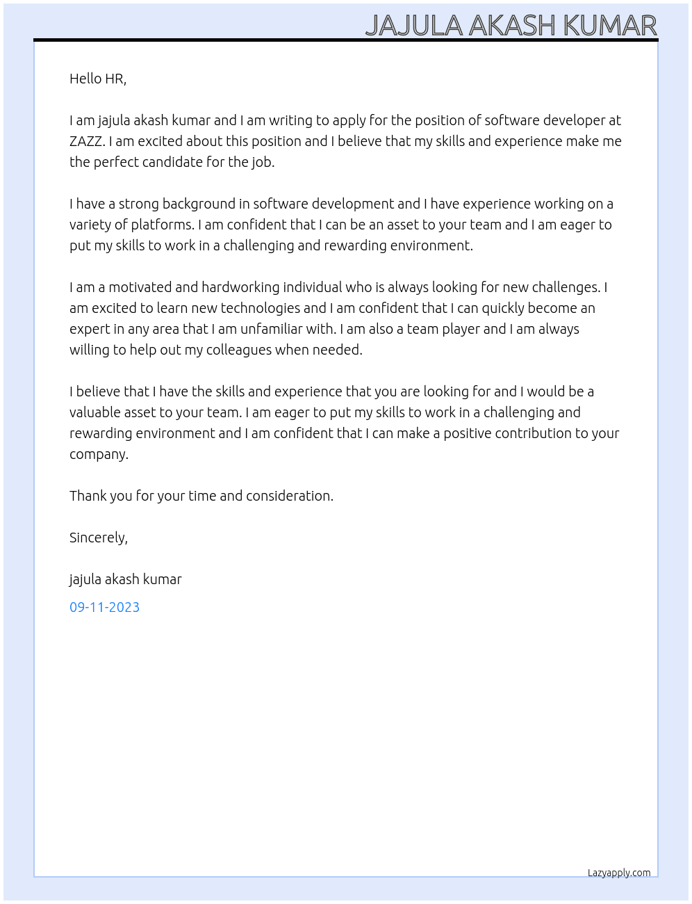 software developer At ZAZZ Cover Letter