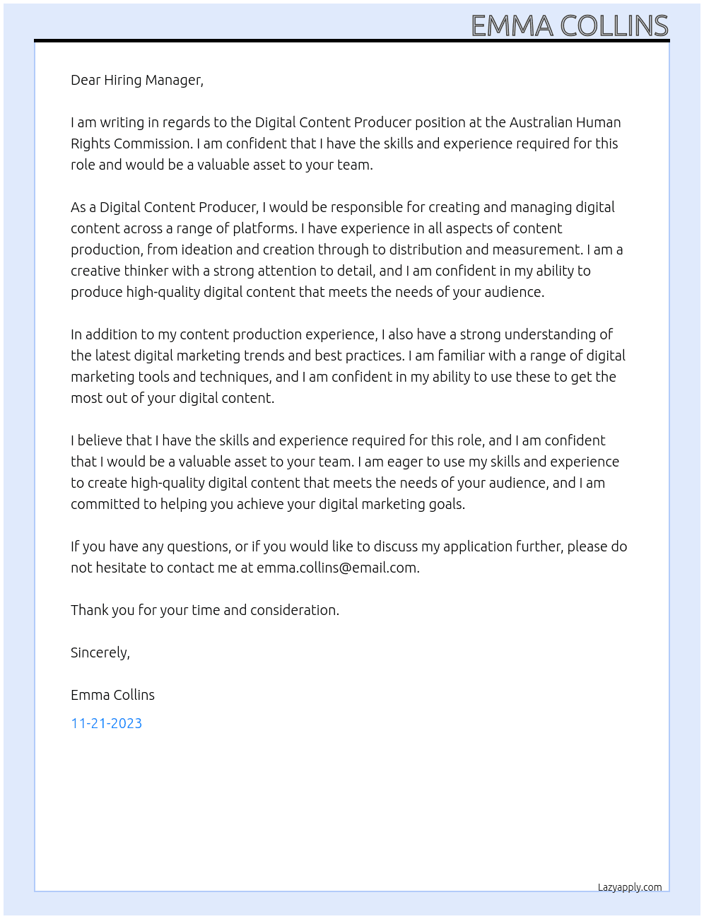 Digital Content Producer At Australian Human Rights Commission Cover Letter