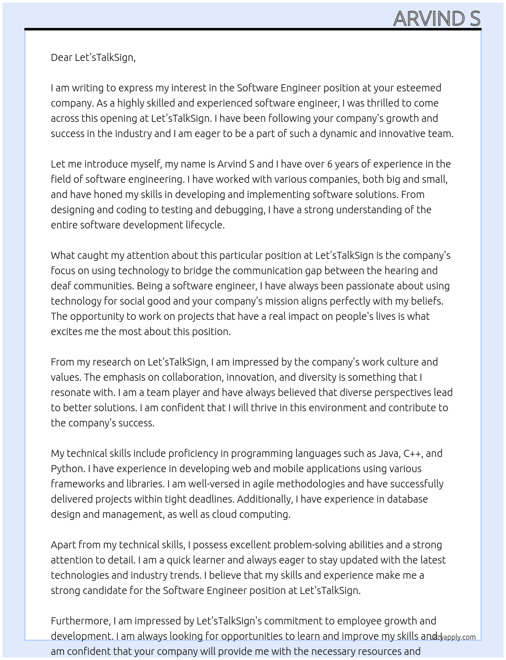 Software Engineer At Let'sTalkSign Cover Letter