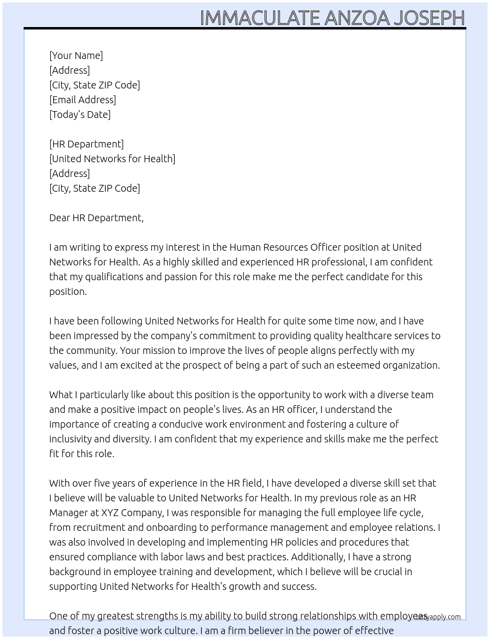 Human Resources officer At United Networks for Health Cover Letter