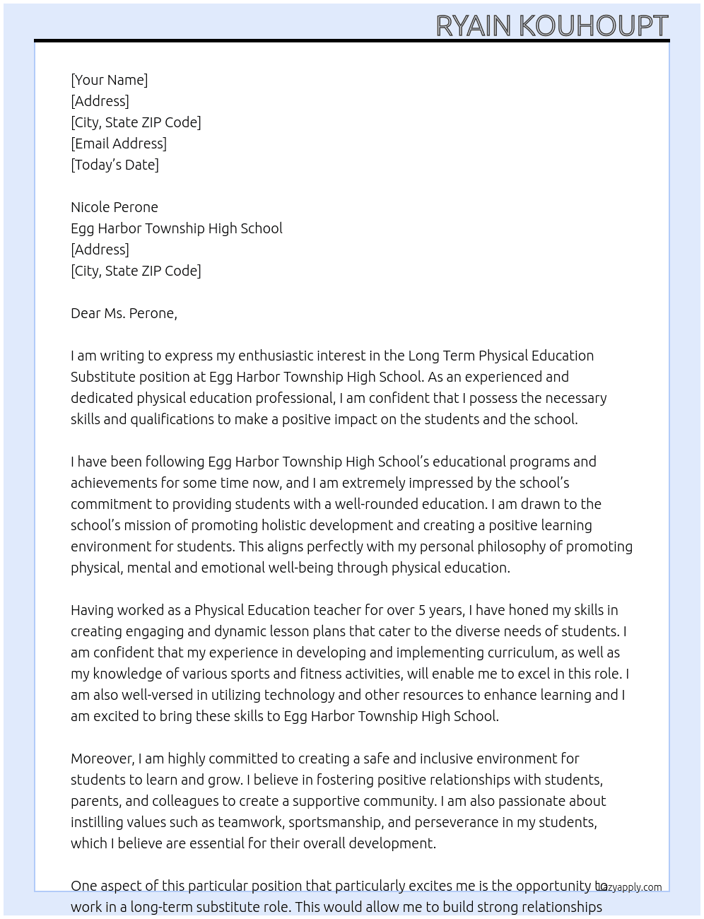 Long term physical education substitute  At Egg Harbor Township High School Cover Letter