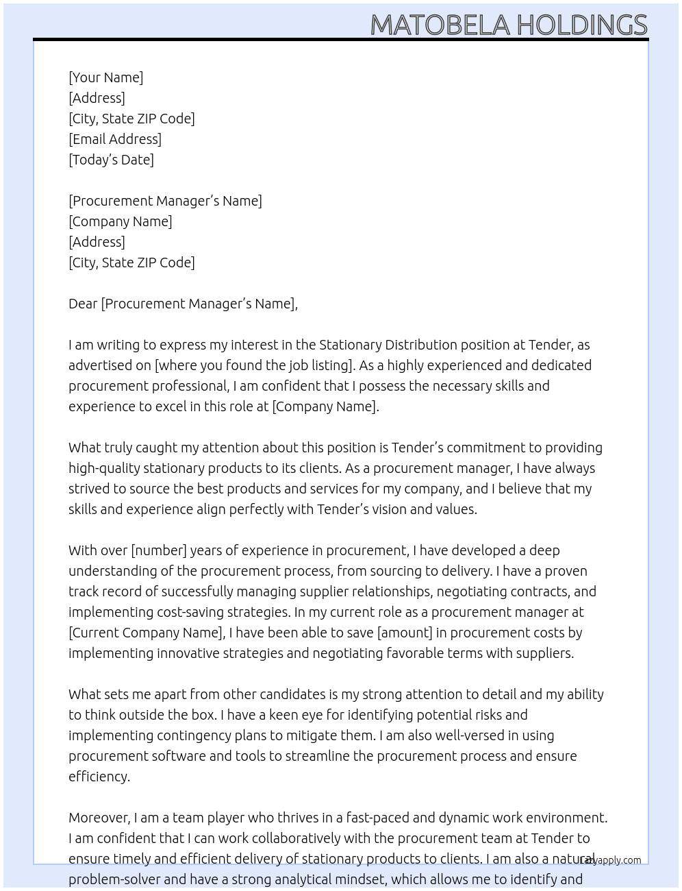 Stationary Distribution  At Tender Cover Letter