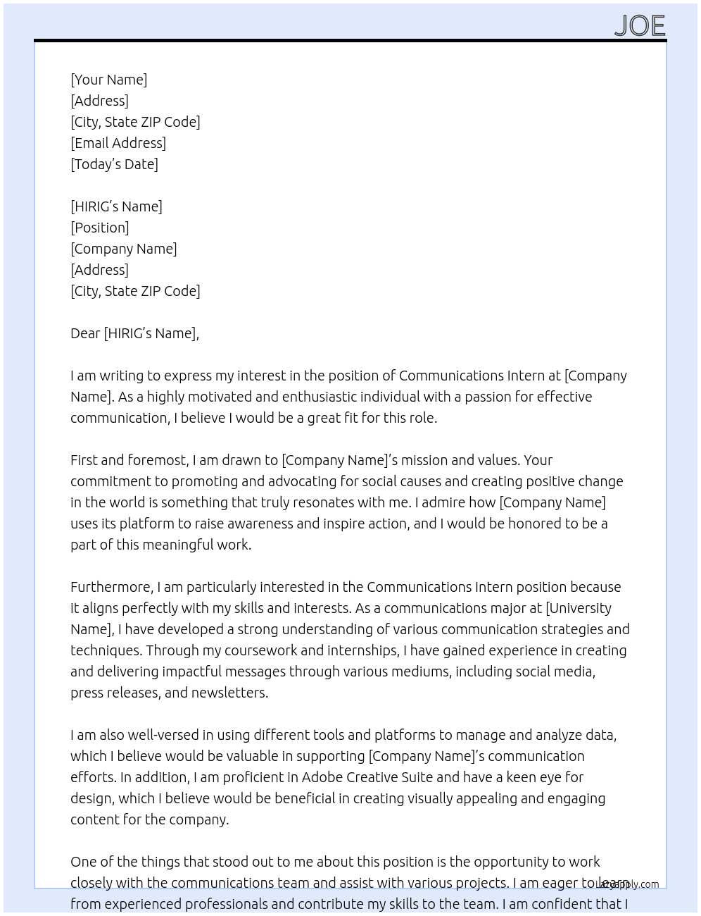 Communications Intern At HH Cover Letter