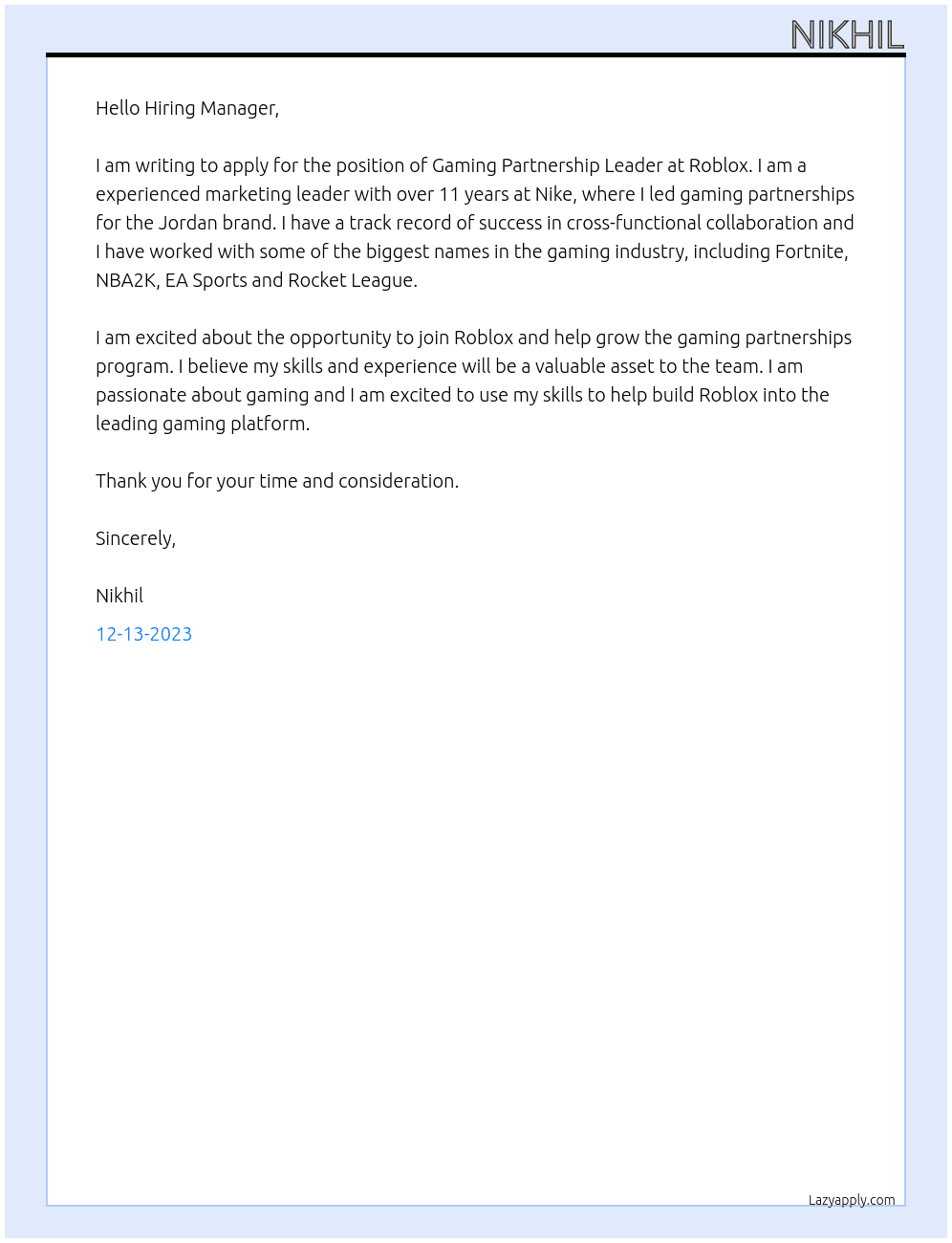 gaming partnership leader At roblox Cover Letter