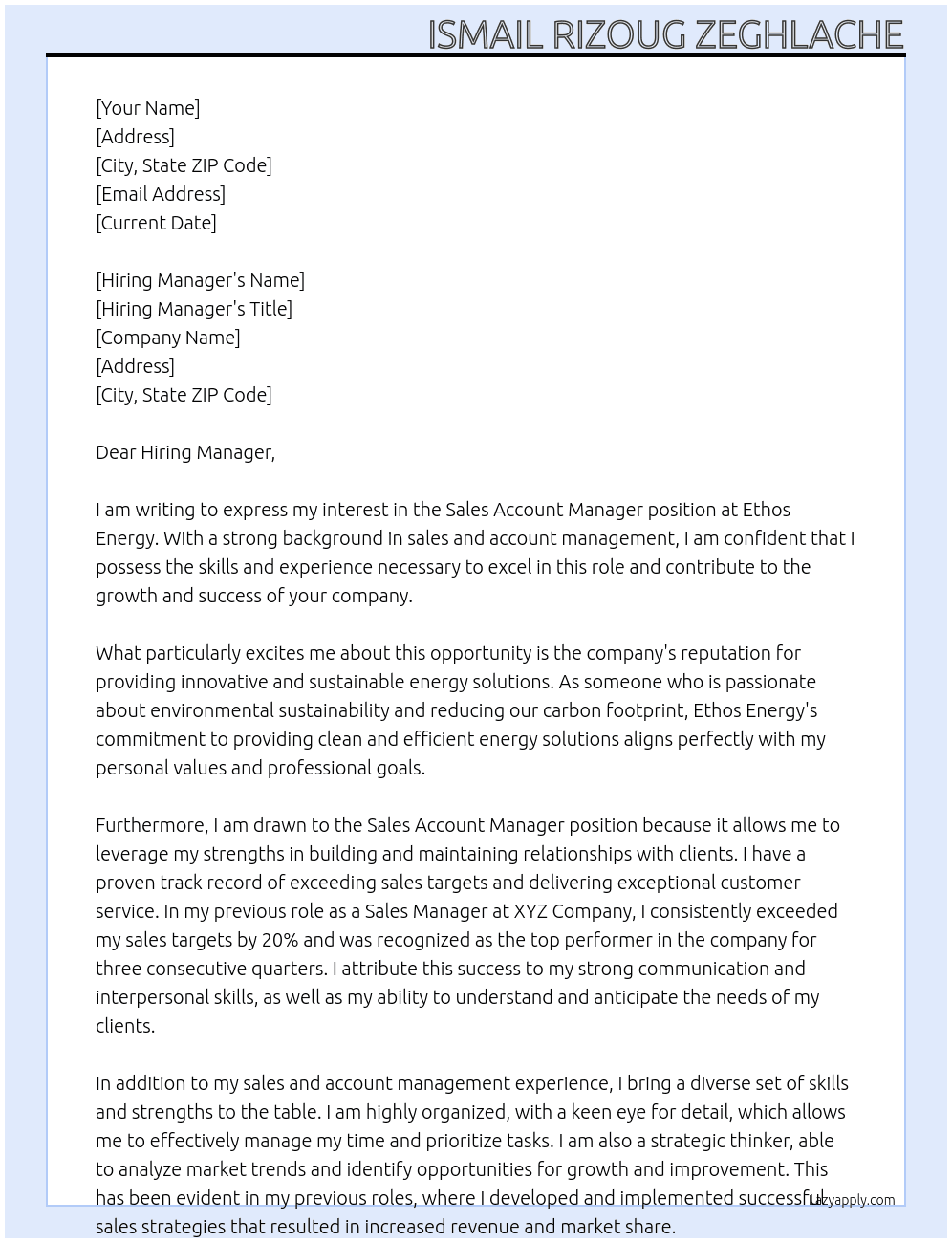 Sales Account Manager At Ethos Energy Cover Letter