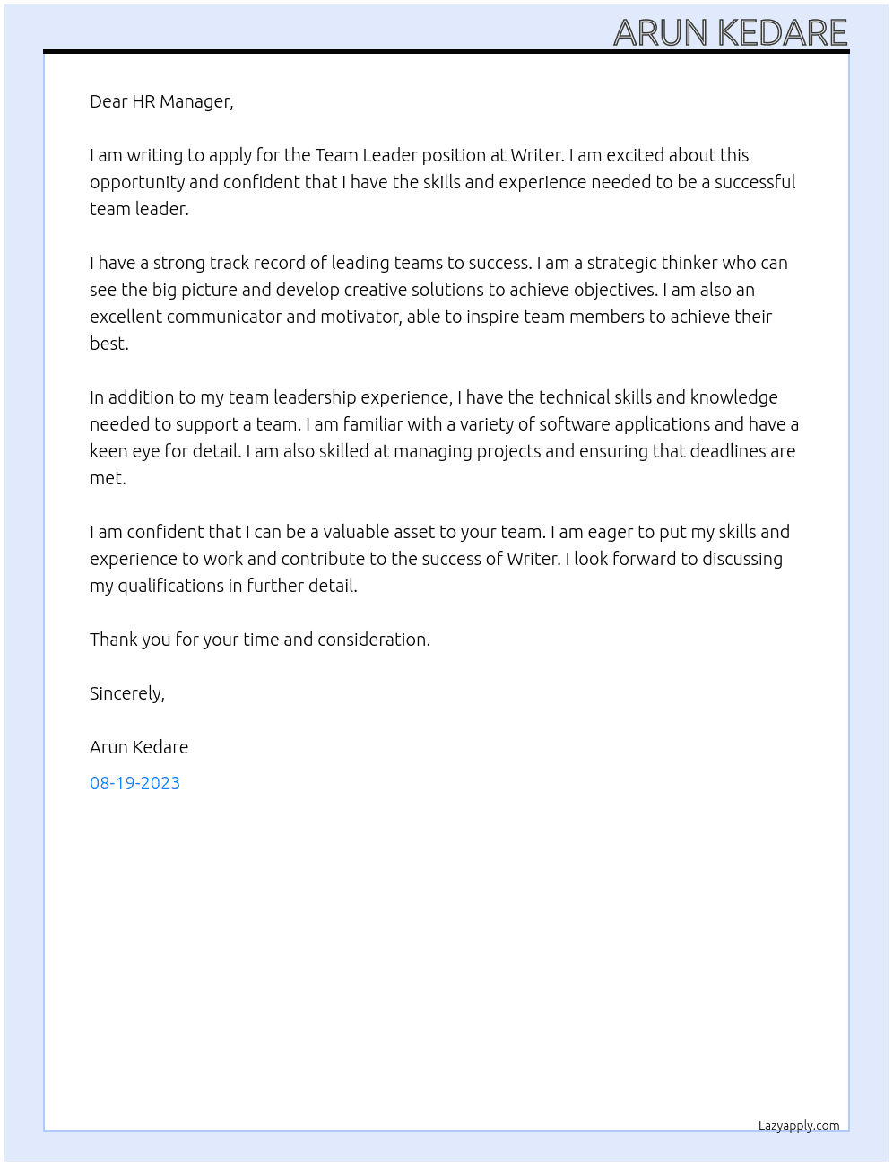 Team leader At Writer  Cover Letter