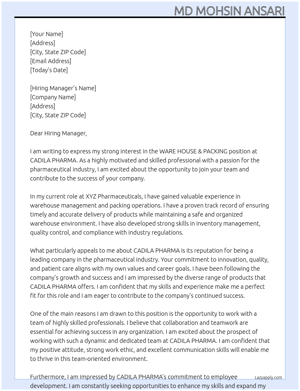 WARE HOUSE & PANKING At CADILA PHARMA  Cover Letter