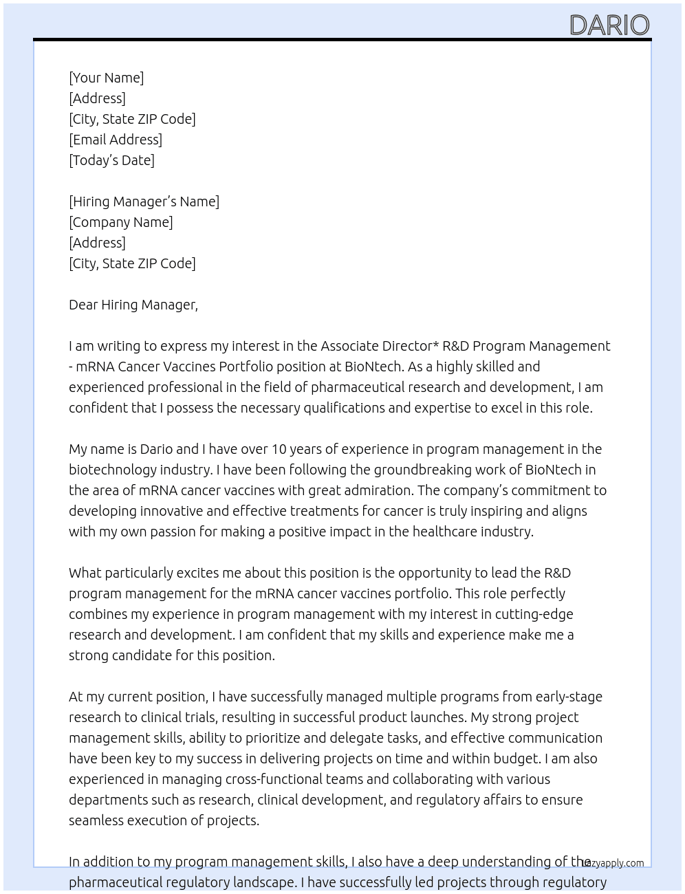 Associate Director* R&D Program Management - mRNA Cancer Vaccines Portfolio At BioNtech Cover Letter