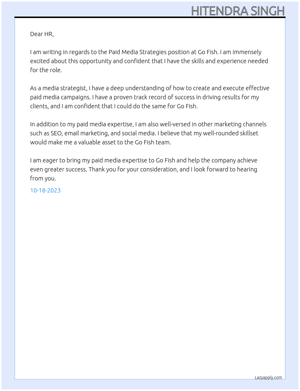 Paid Media Strategies  At Go Fish Cover Letter