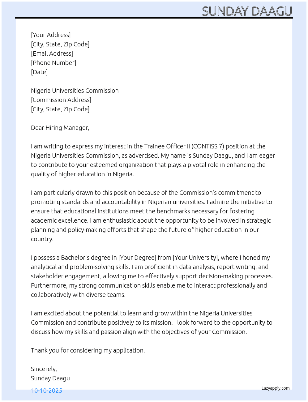 Trainee officer II (CONTISS 7) At Nigeria universities commission  Cover Letter