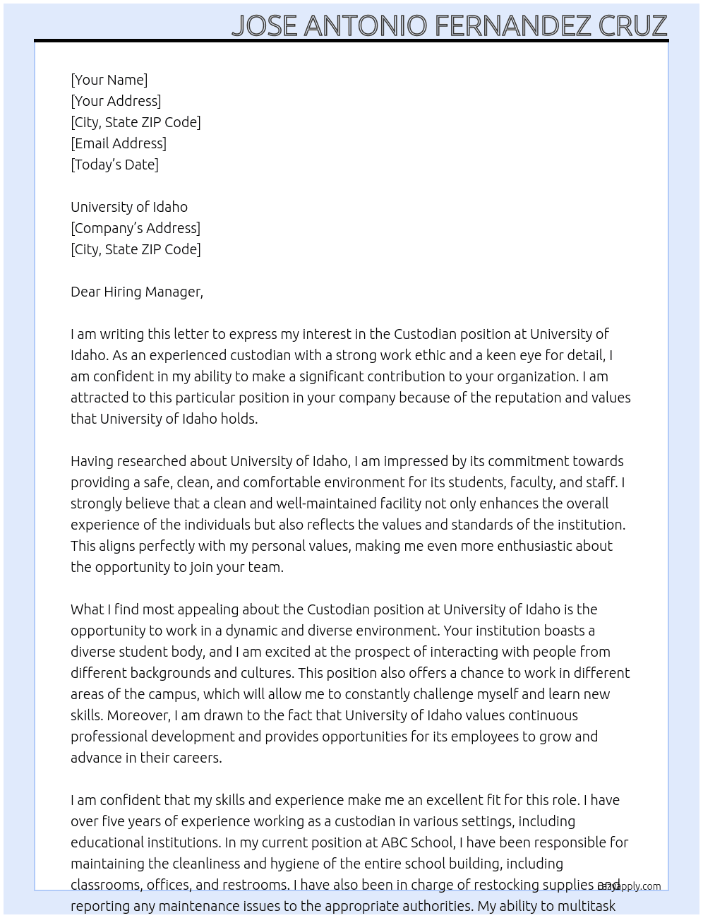 Custodian  At University of Idaho Cover Letter