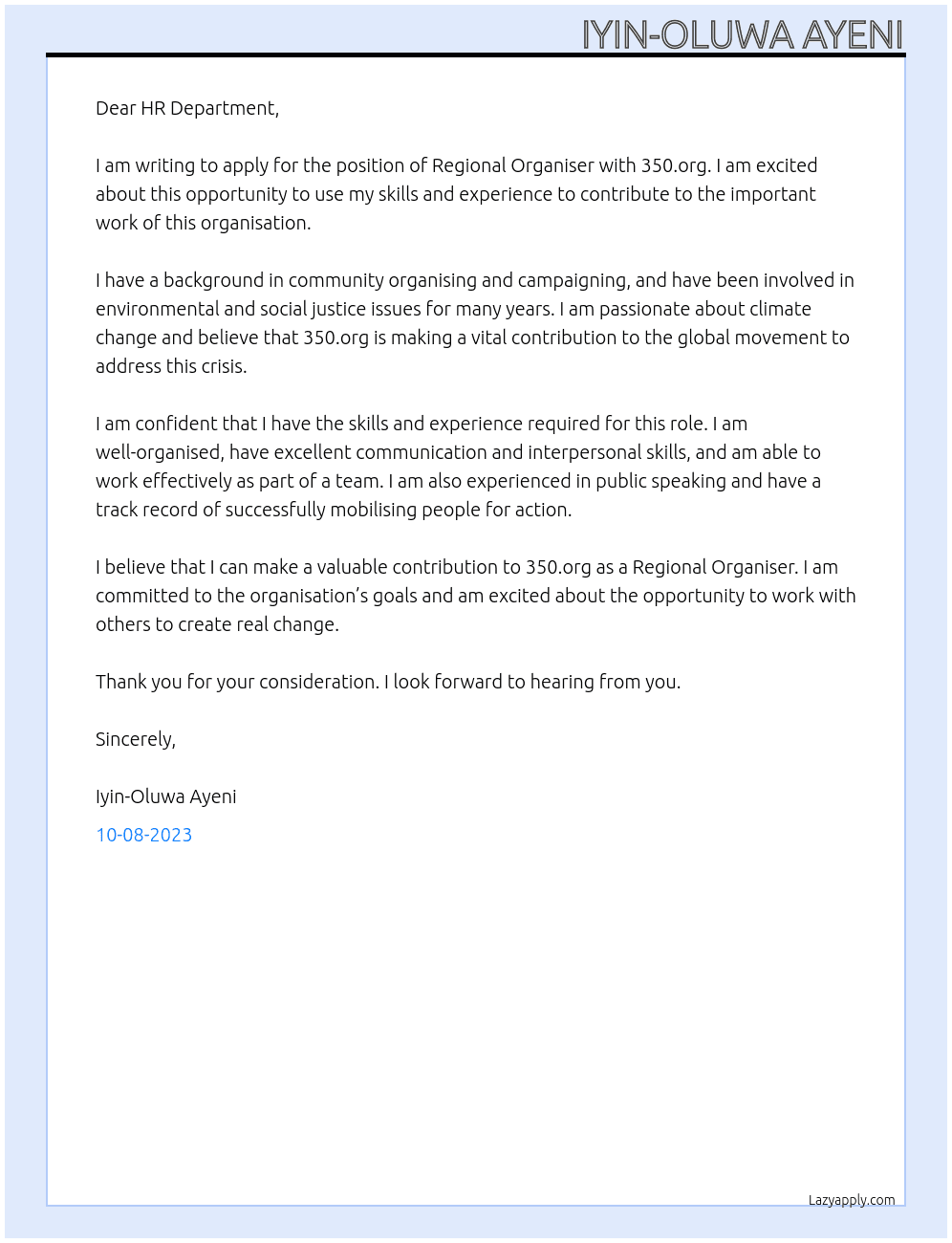 Regional Organiser At 350.org Cover Letter