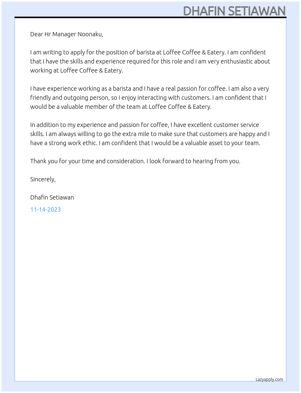 Barista At Loffee Coffee & Eatery Cover Letter