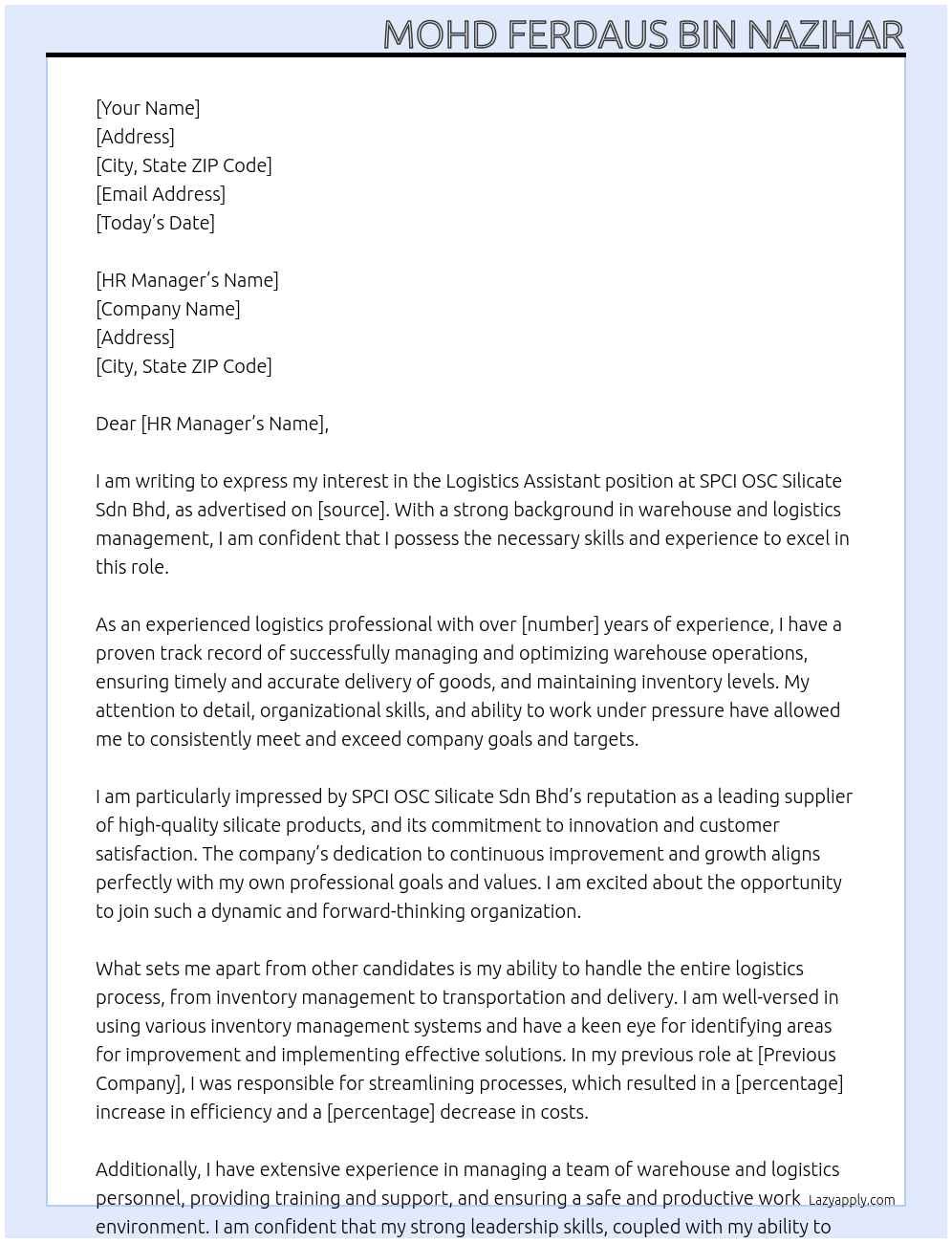 Logistics Assistant At SPCI OSC Silicate Sdn Bhd Cover Letter