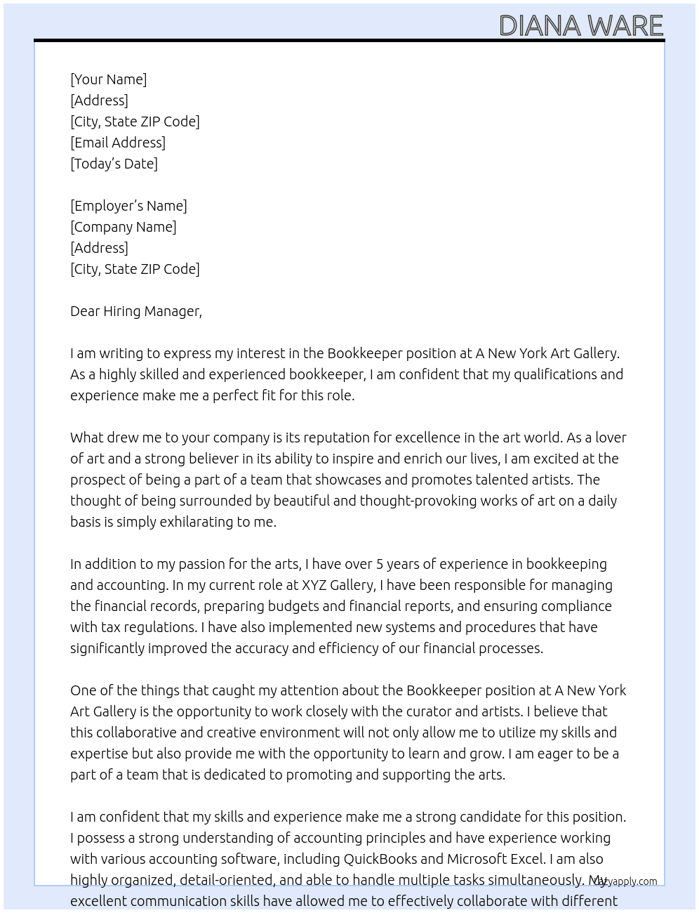 Bookkeeper  At A New York Art Gallery  Cover Letter