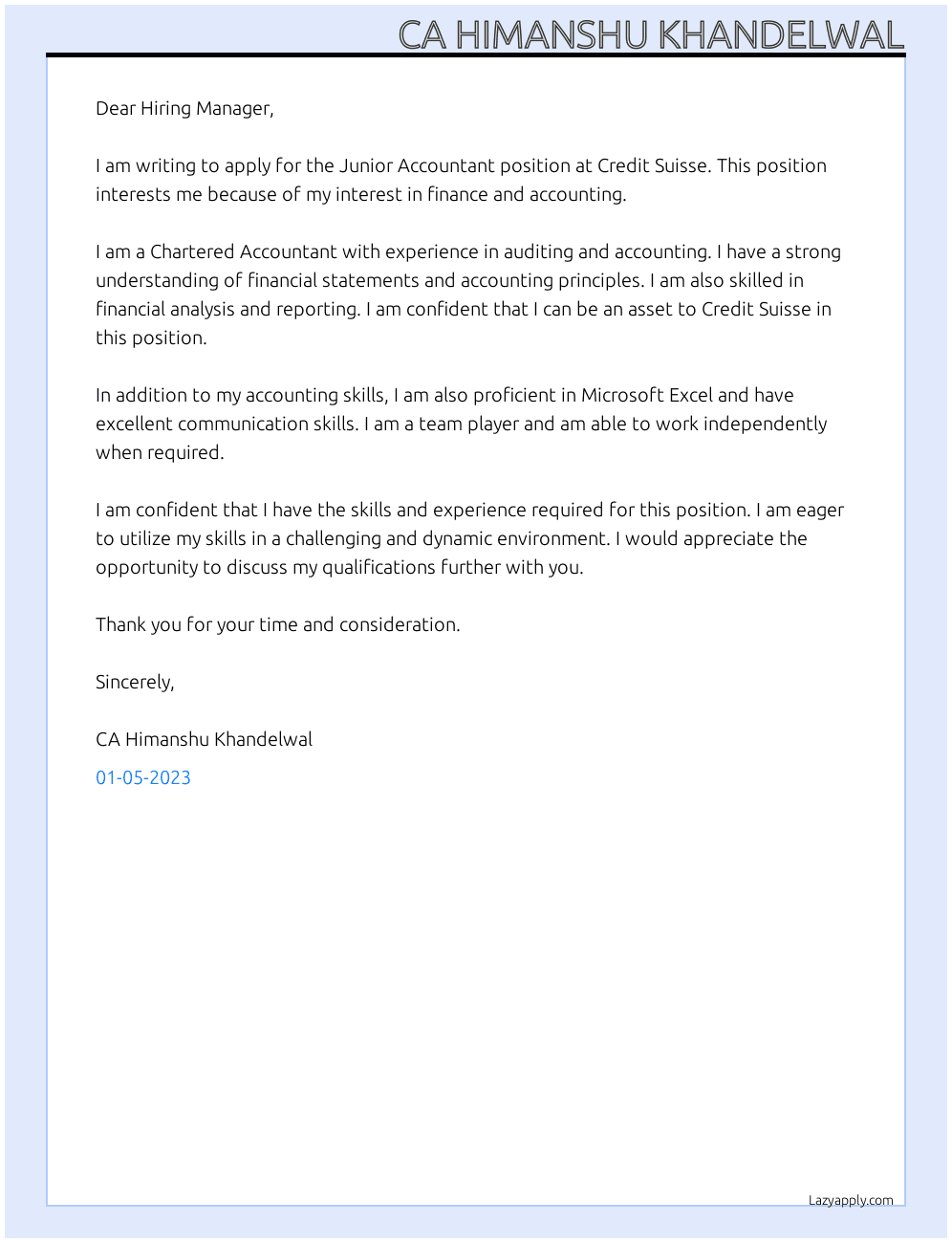 Junior accountant  At Credit Suisse  Cover Letter