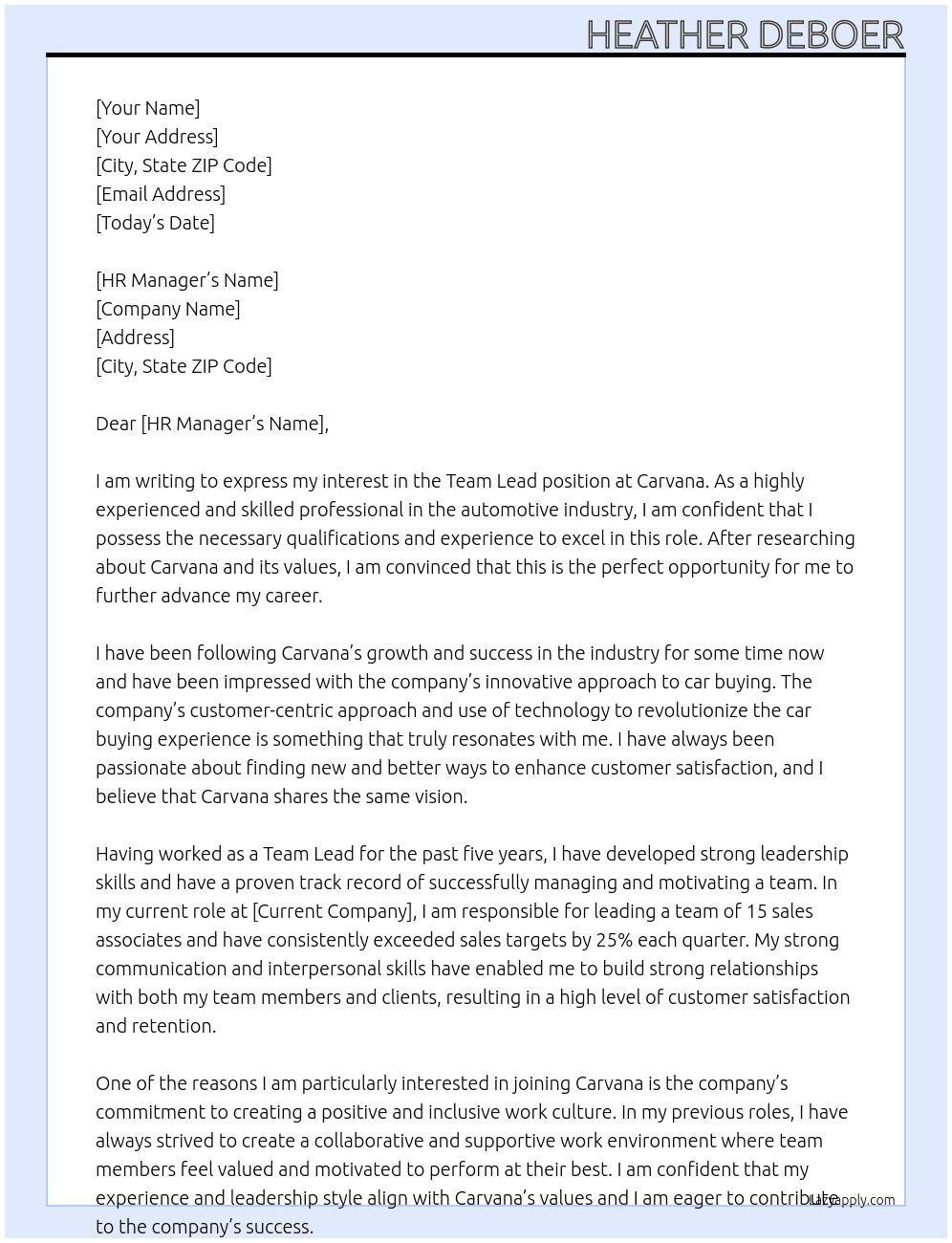 Team Lead At Carvana Cover Letter