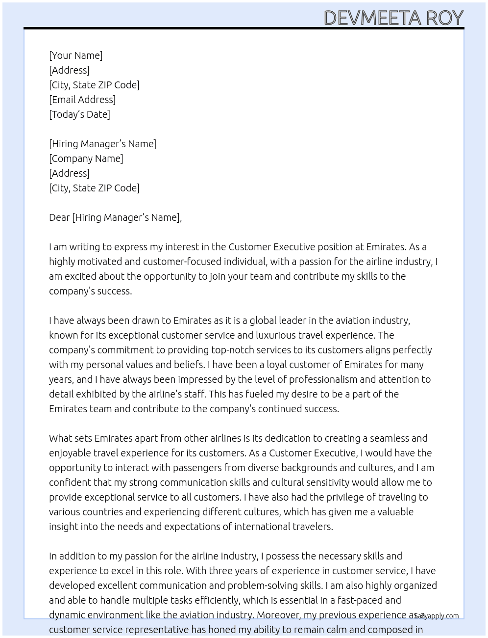 customer executive At emirates Cover Letter