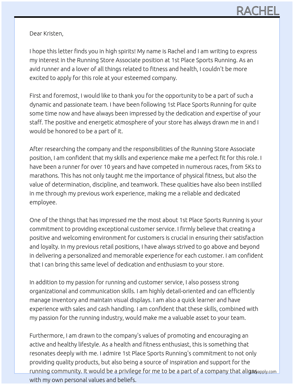 Running Store Associate At 1st Place Sports Running Cover Letter