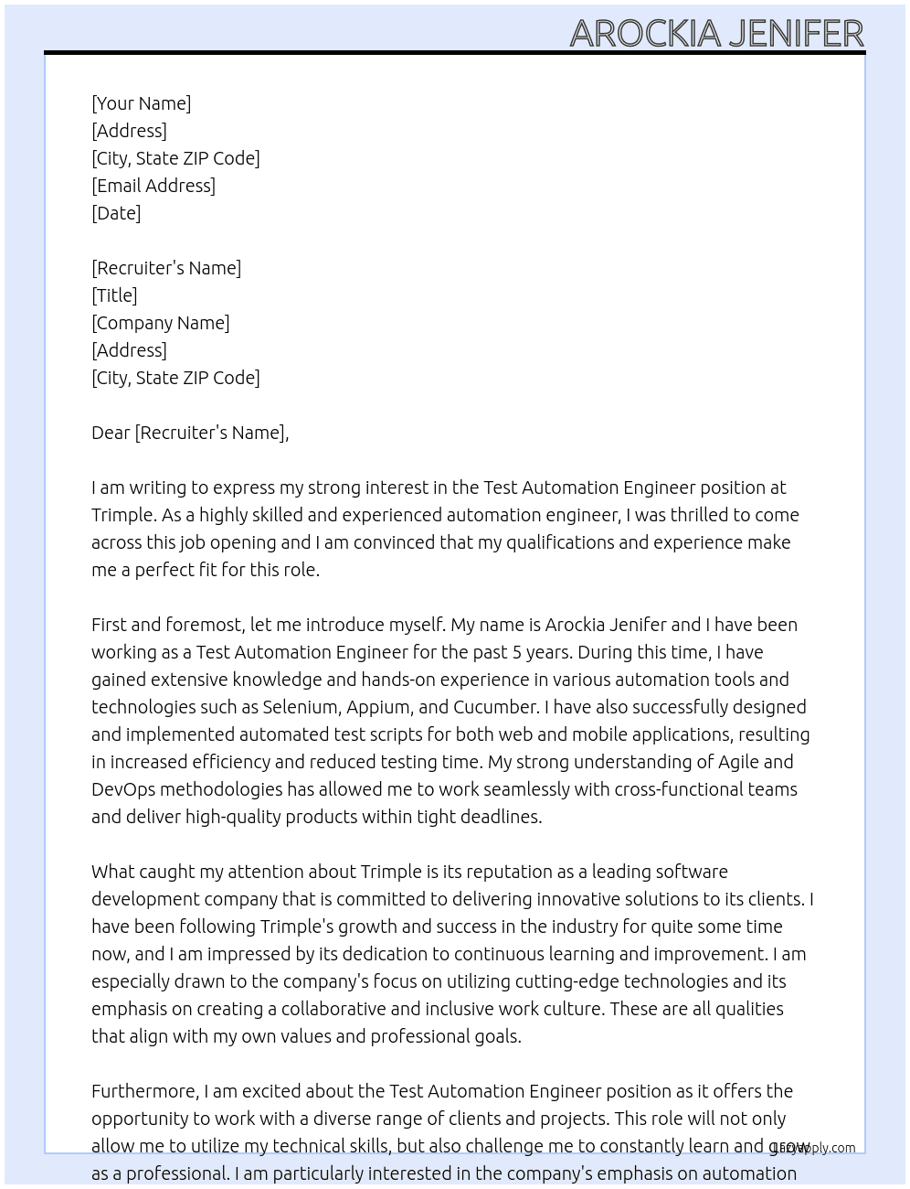 Test Automation Engineer At Trimple Cover Letter