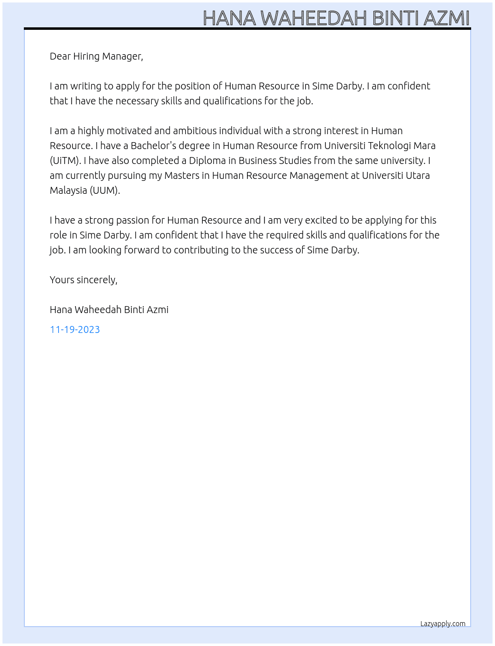 Human Resource At Sime Darby Cover Letter