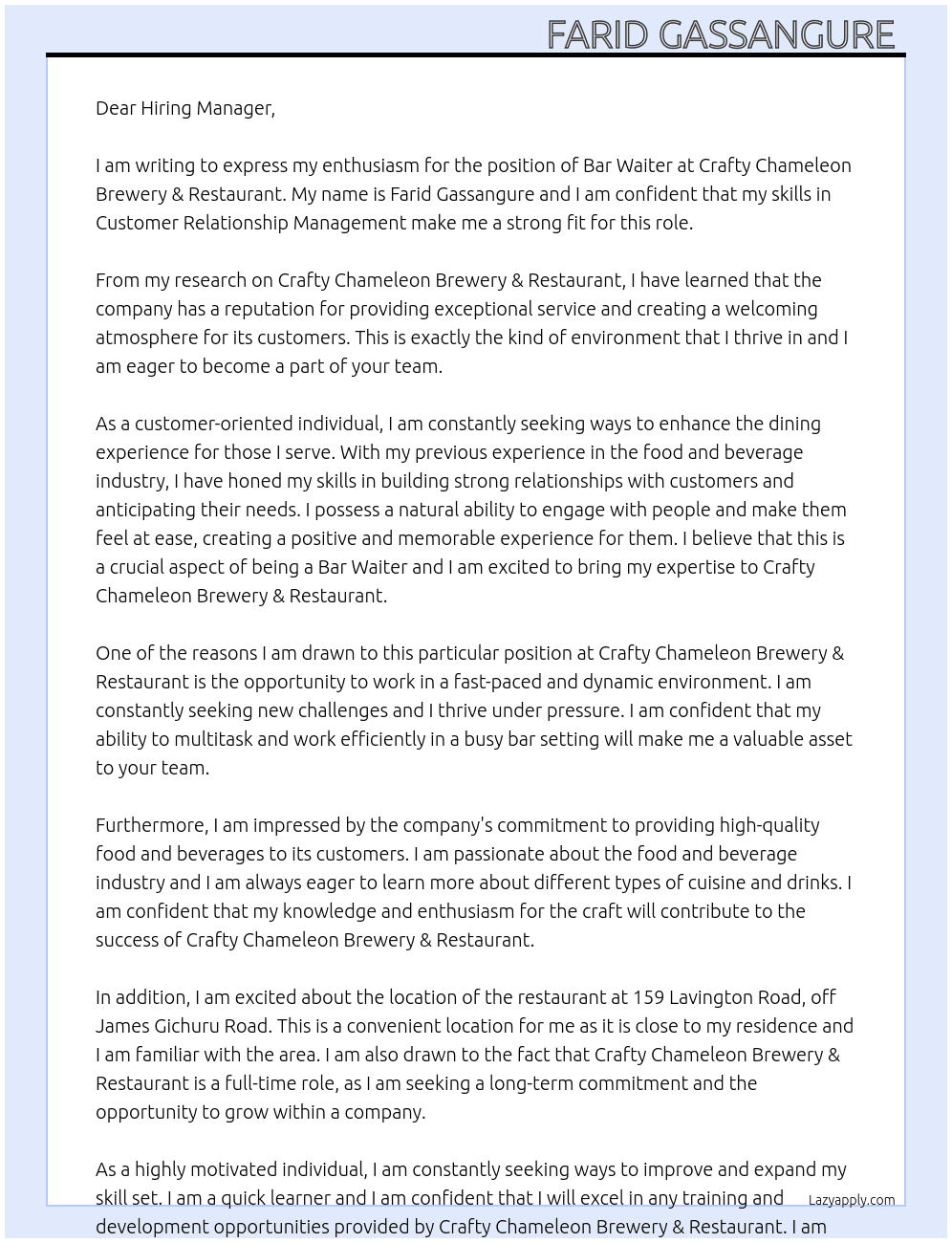 Bar Waiter At Crafty Chameleon Brewery & Restaurant  Cover Letter