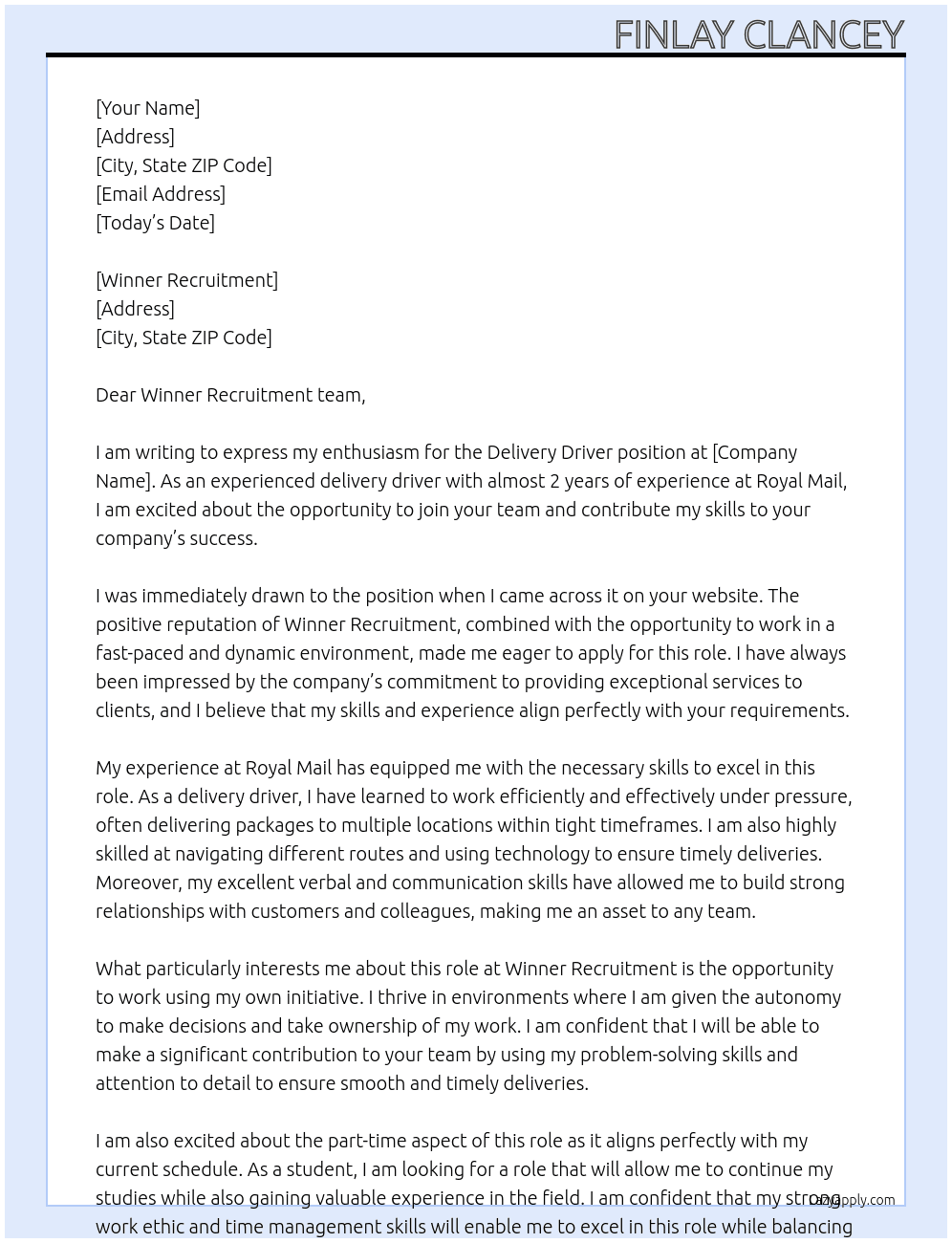 Delivery Driver At Winner Recruitment Cover Letter