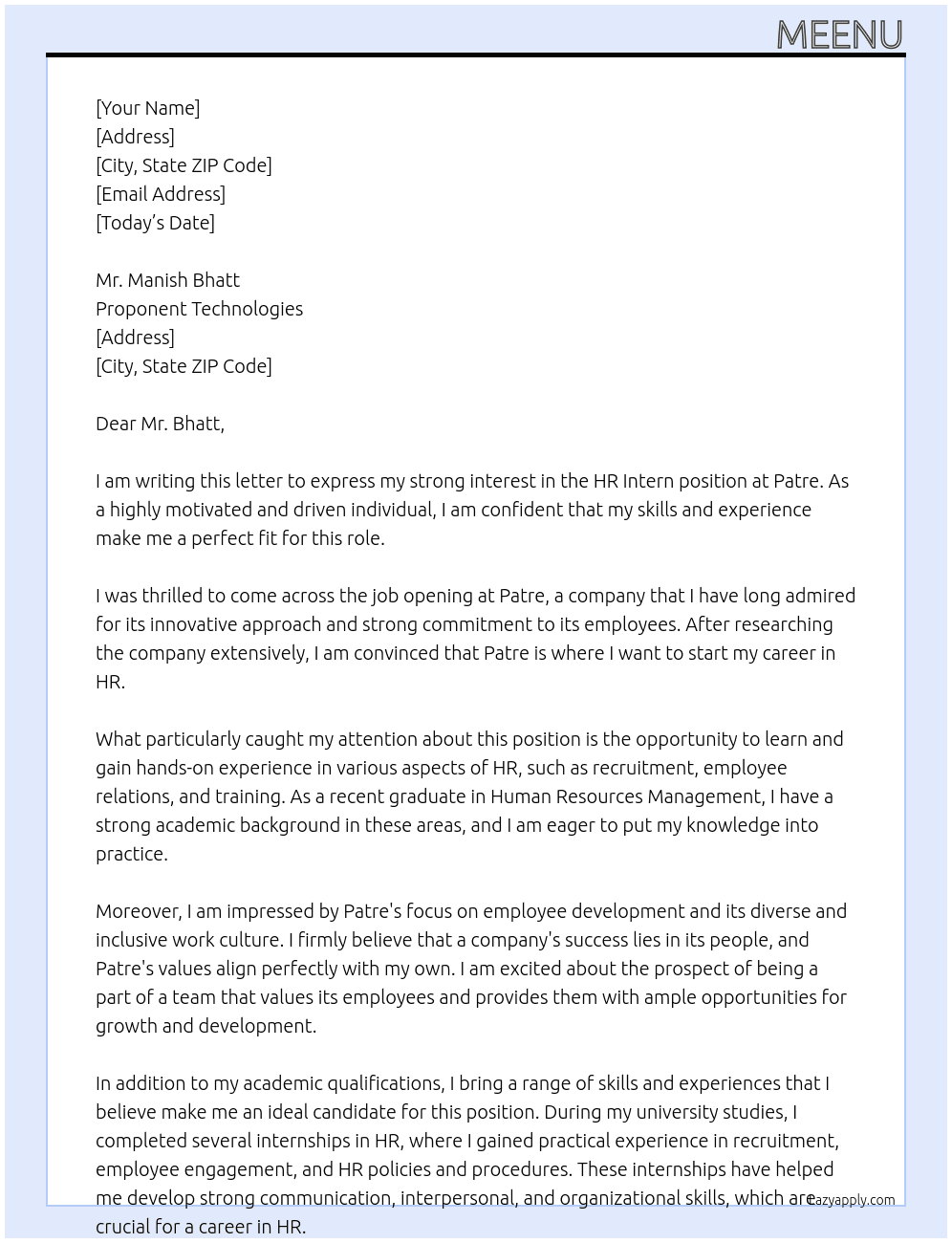 HR Intern At Patre Cover Letter