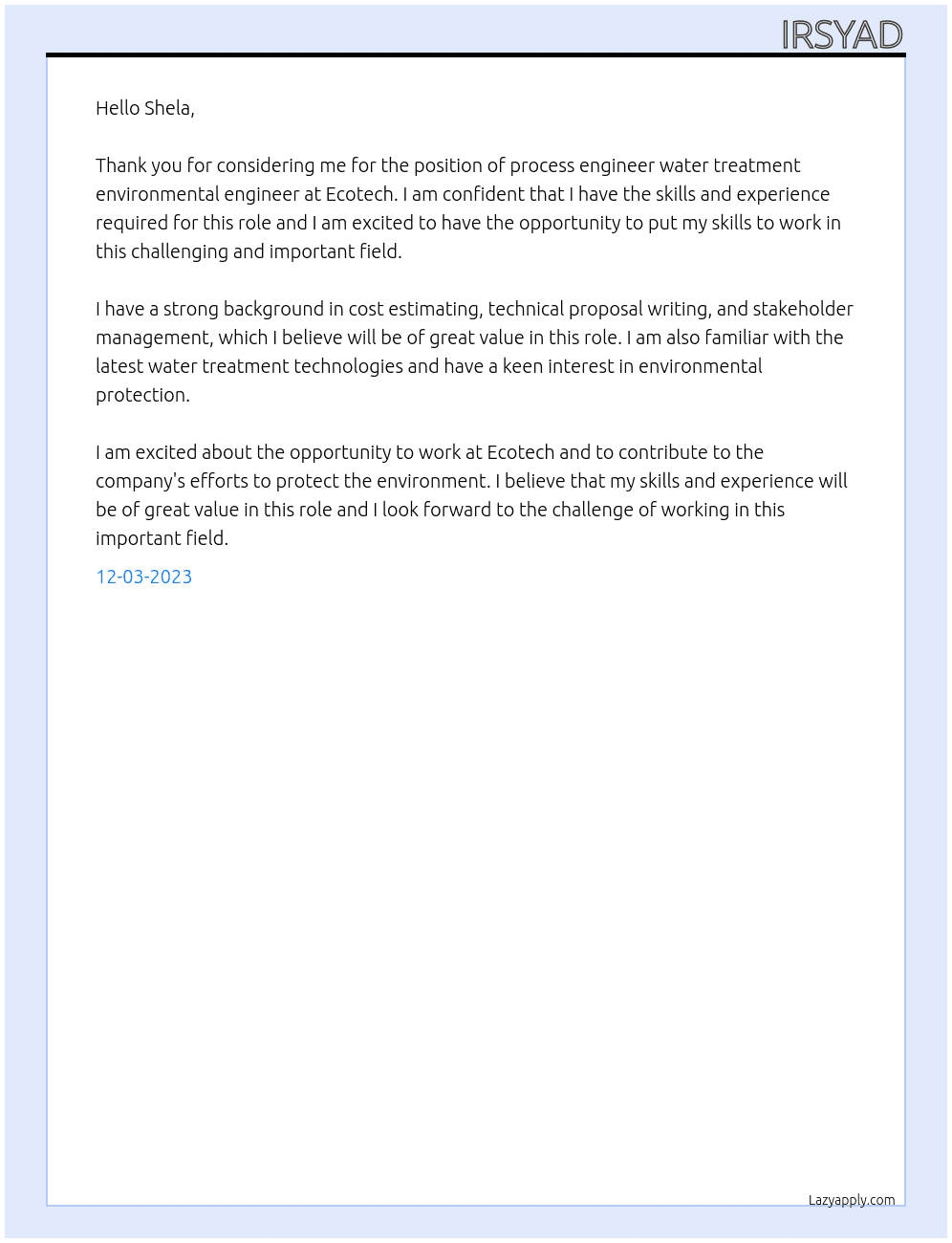process engineer water treatment environmental engineer At Ecotech Cover Letter