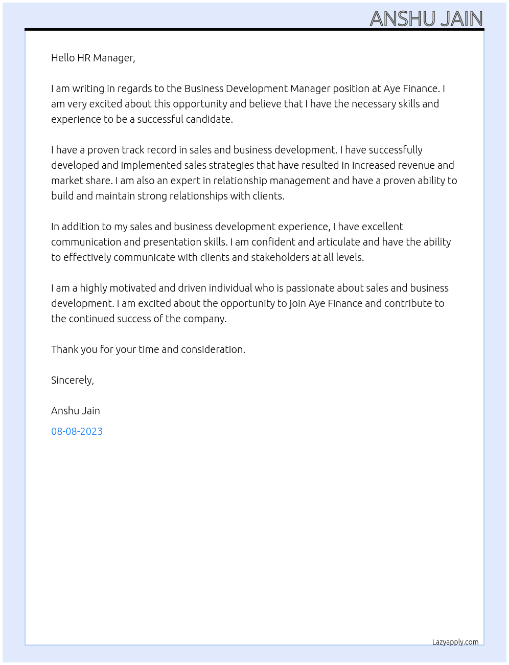 Business Development Manager At Aye Finance Cover Letter