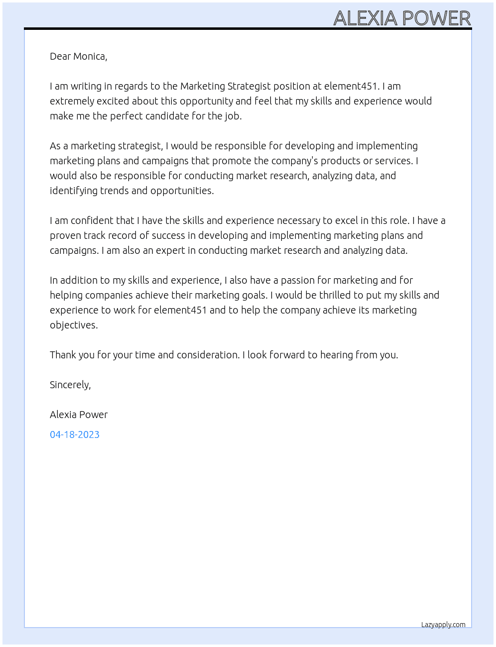 Marketing Strategist At element451 Cover Letter