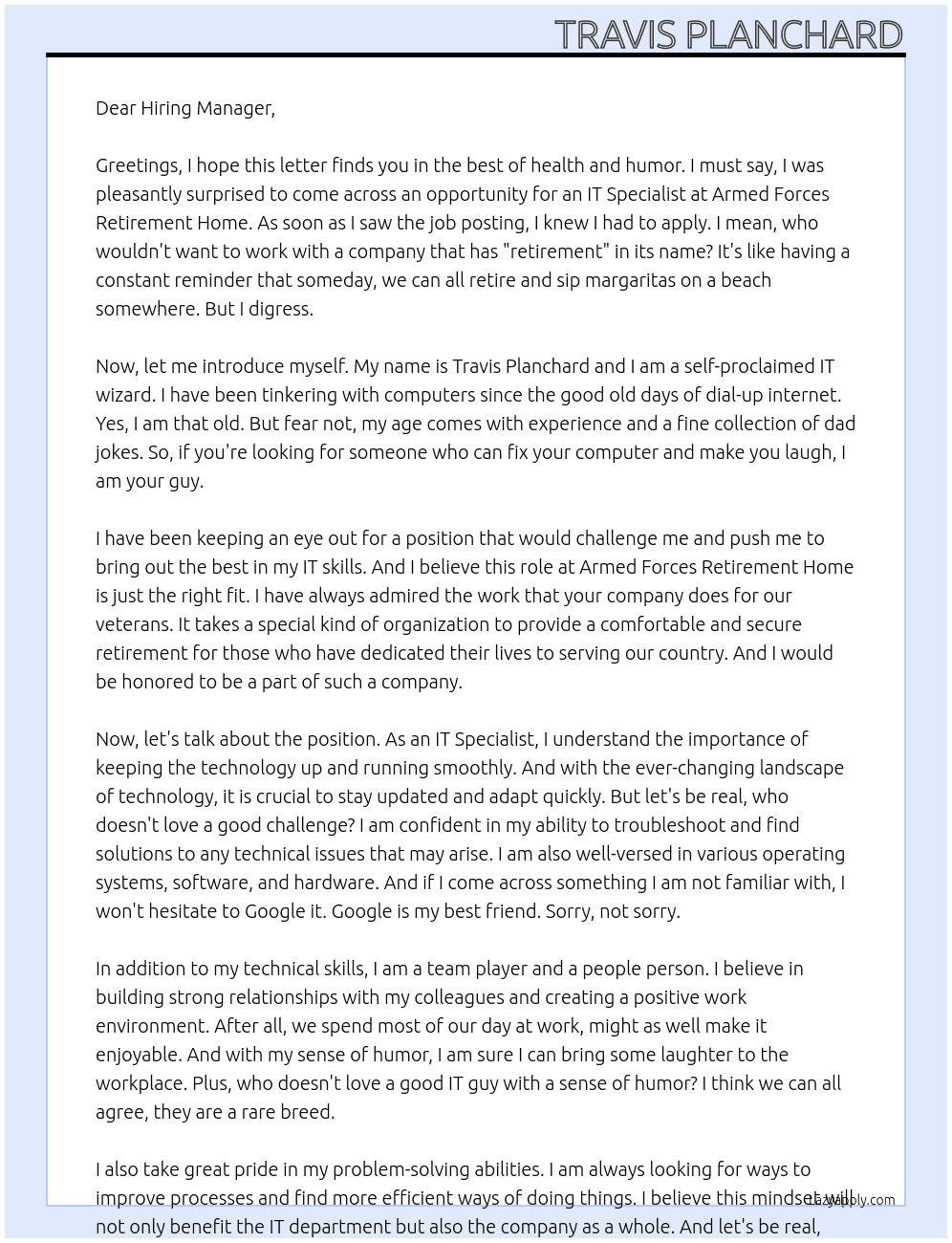 IT Specialist At Armed Forces Retirement Home Cover Letter
