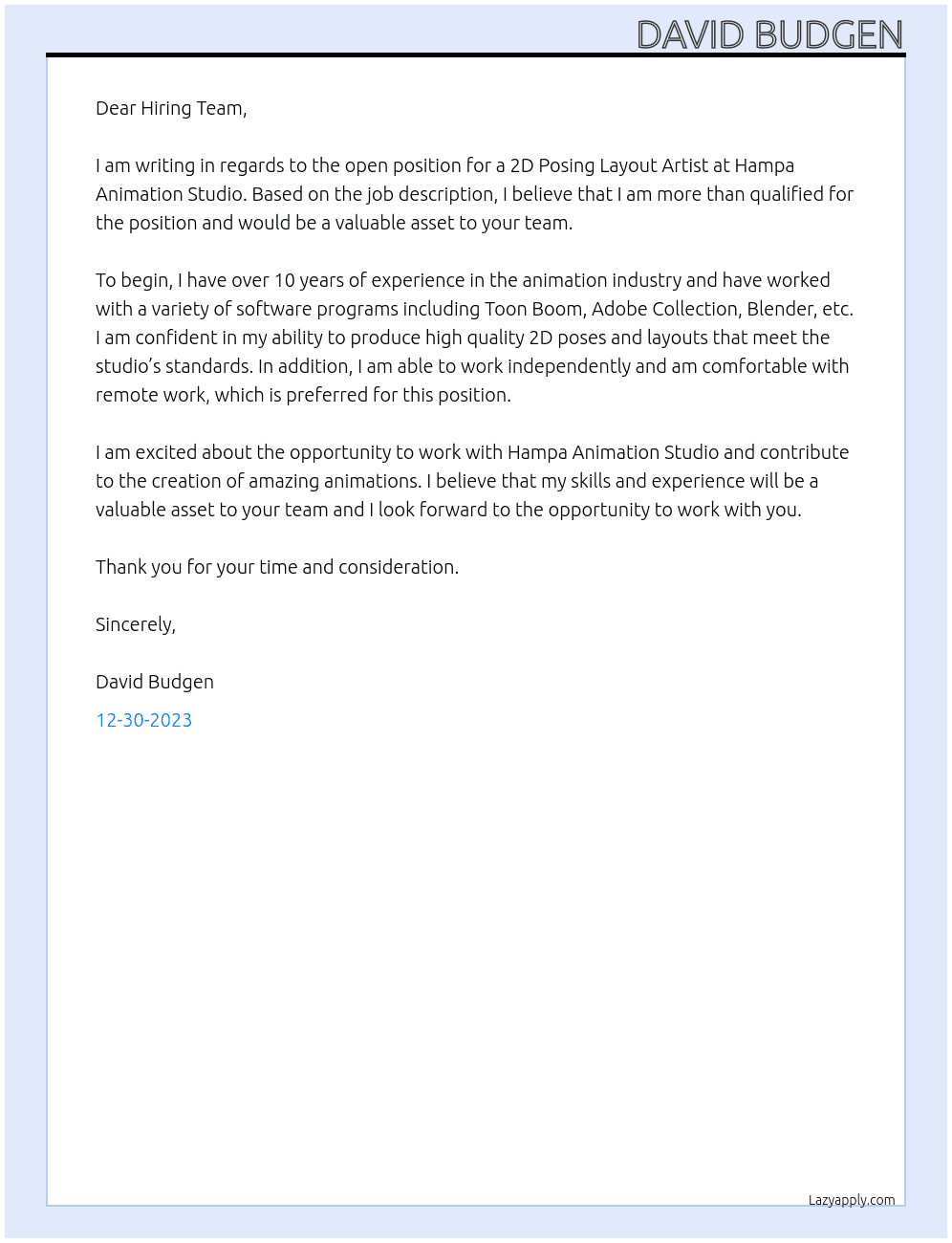 2D POSING LAYOUT ARTIST At Hampa Animation Studio Cover Letter