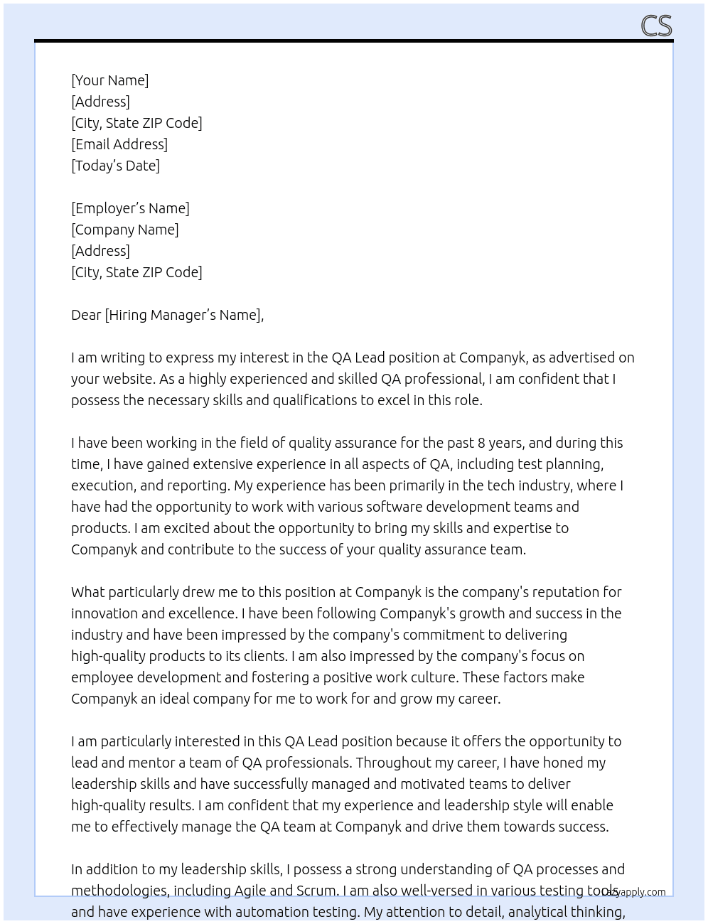 Qa lead At Companyk Cover Letter