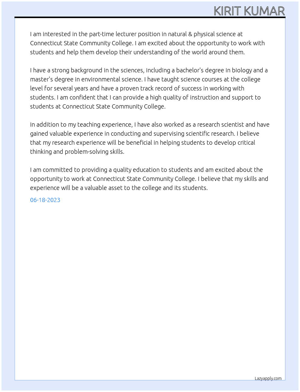 Part-time Lecturer-Natural & Physical Science At Connecticut State Community College Cover Letter