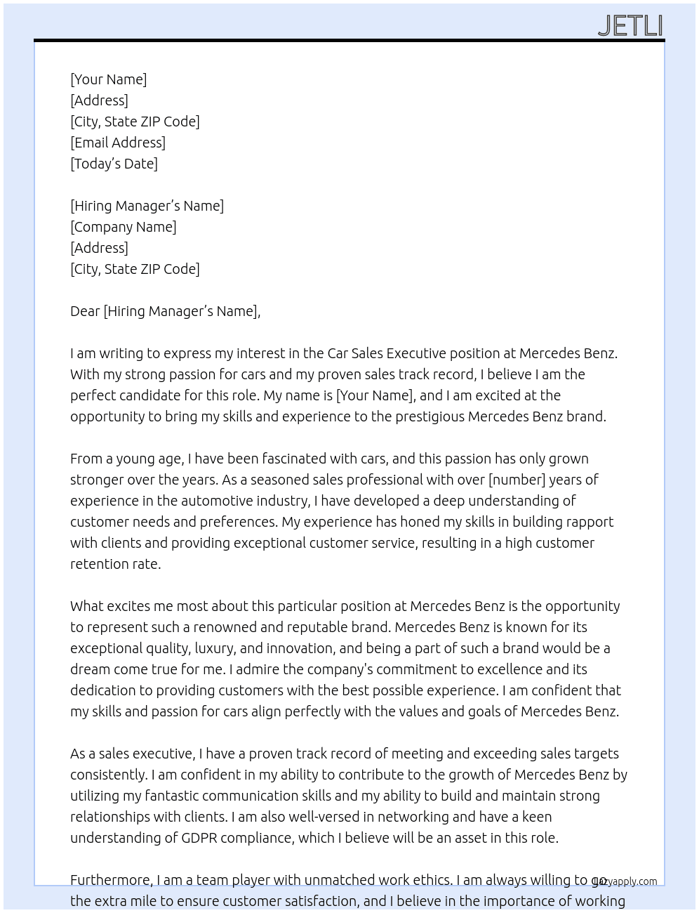 car sales executive At mercedes benz Cover Letter